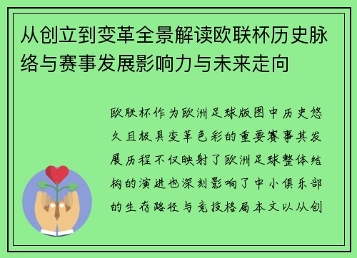 从创立到变革全景解读欧联杯历史脉络与赛事发展影响力与未来走向