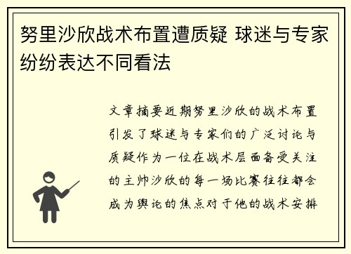 努里沙欣战术布置遭质疑 球迷与专家纷纷表达不同看法